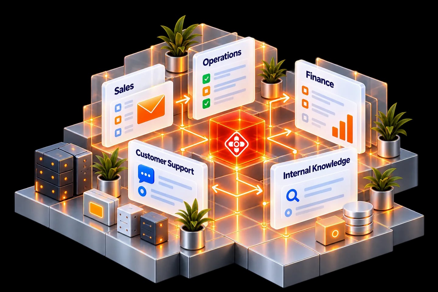 Five business workflows—sales, operations, finance, customer support and internal knowledge—connect with shared information and approval rules.