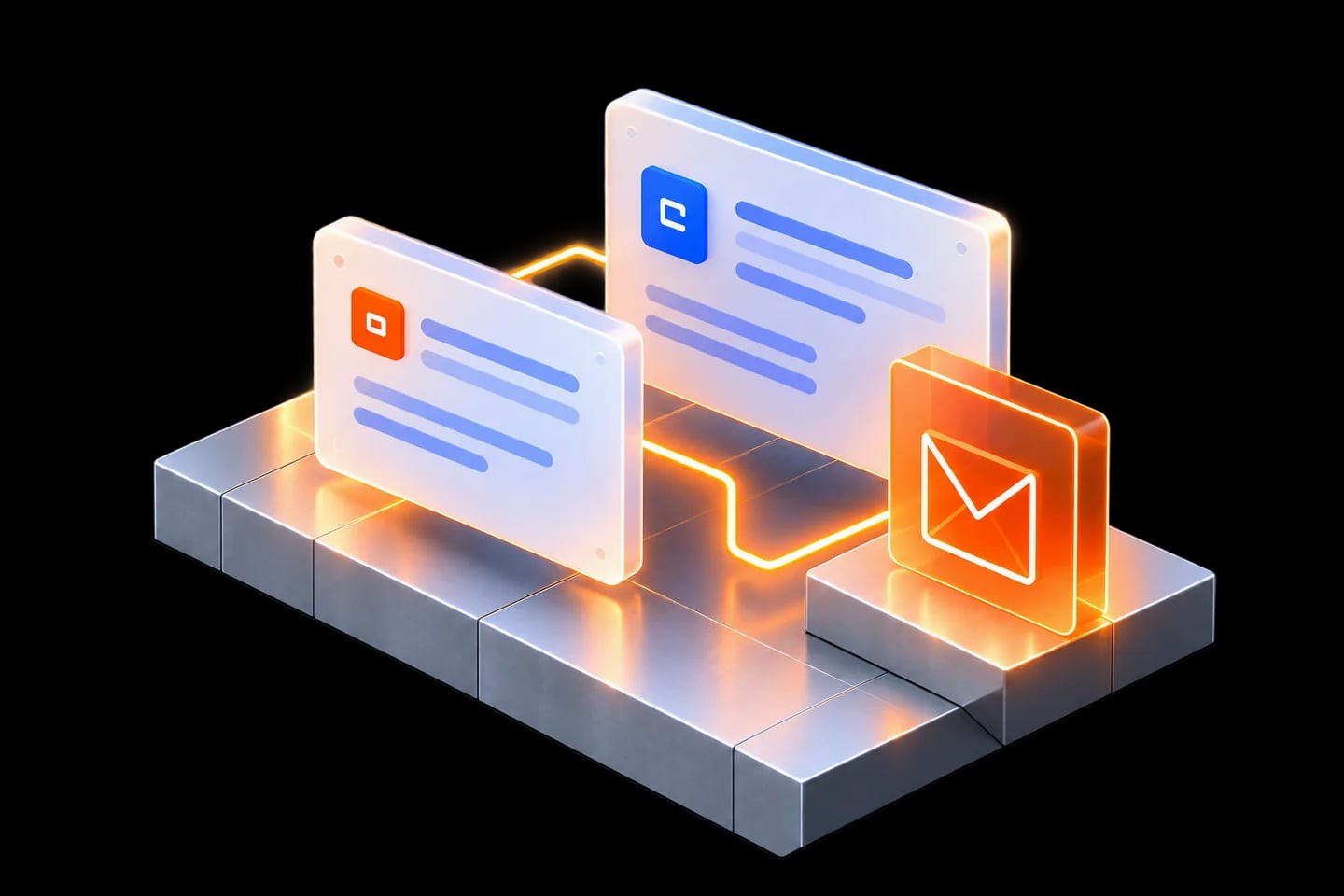 Two message cards connect to an orange envelope, representing the start of a project conversation.