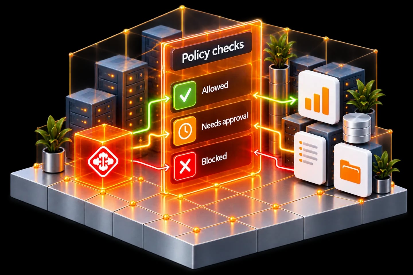 Private AI passes through policy checks for allowed, approval-required and blocked actions before connecting to business systems.