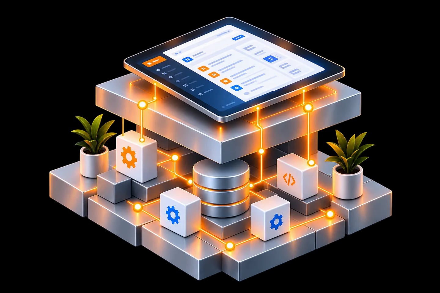 The user interface connects to business logic, data and system integrations beneath it.