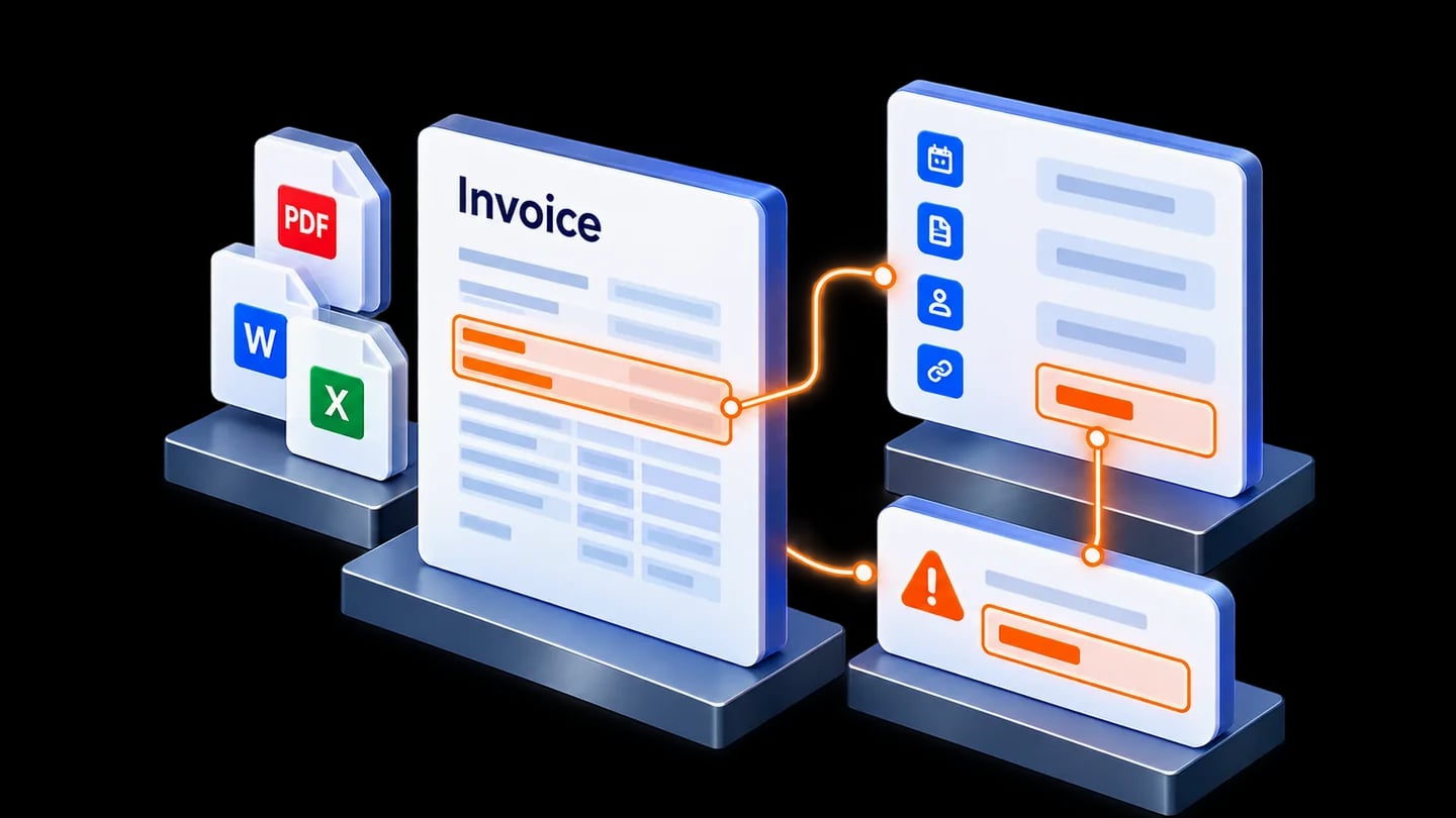 An invoice's highlighted source fields connect to extracted details and uncertain values are routed for review.