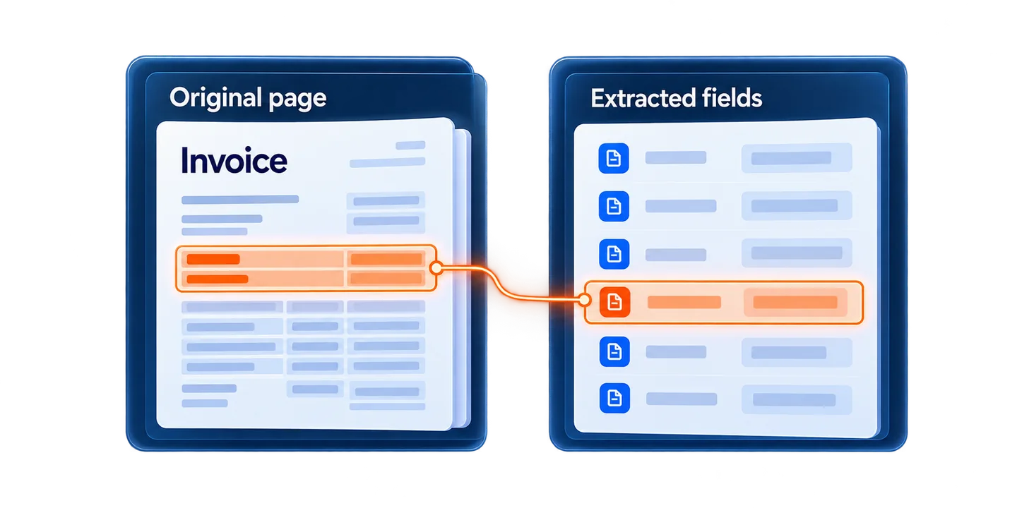 Reviewers can compare extracted values with the original page and correct uncertain information.