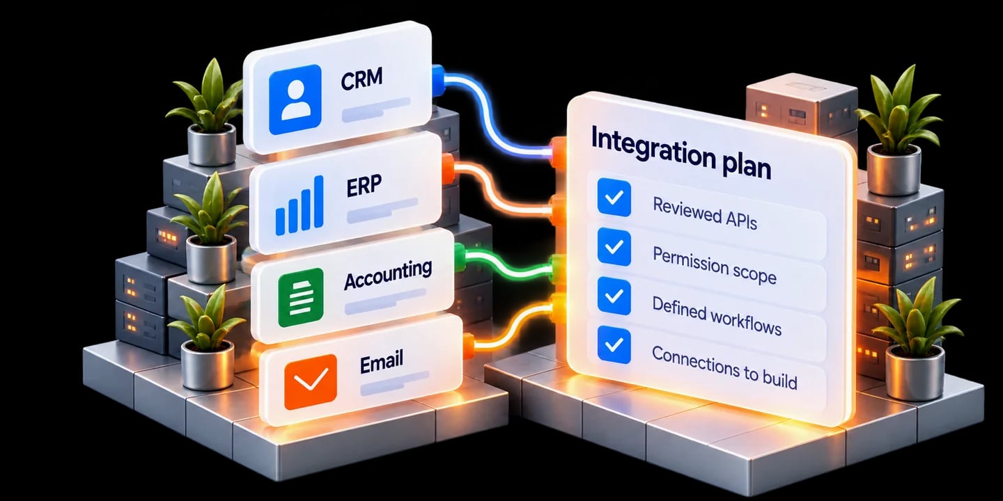 CRM, ERP, accounting and email connect to an integration plan covering APIs, permissions and agreed workflows.