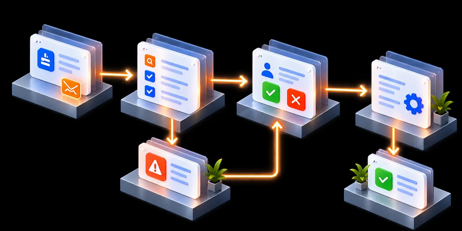 A trigger passes through rules, approval and action, with an exception branch for human review and a recorded status.